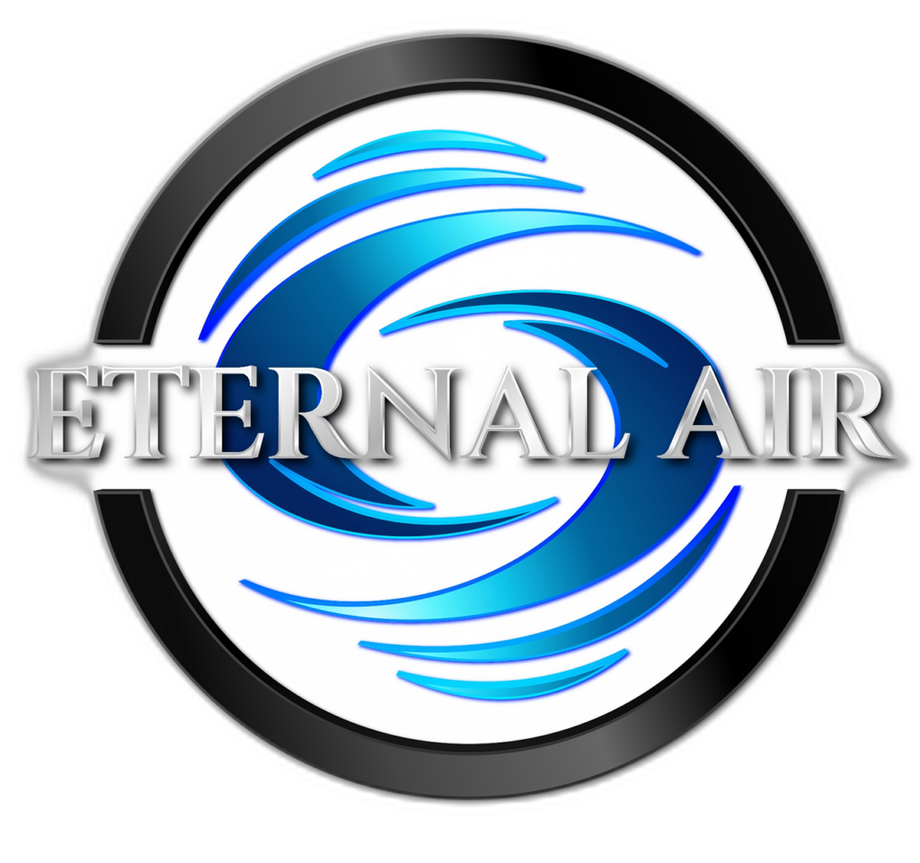 A circular logo with blue swirl designs evokes airflow, featuring the text "ETERNAL AIR" in metallic letters across the center—perfect for an ac repair brand.