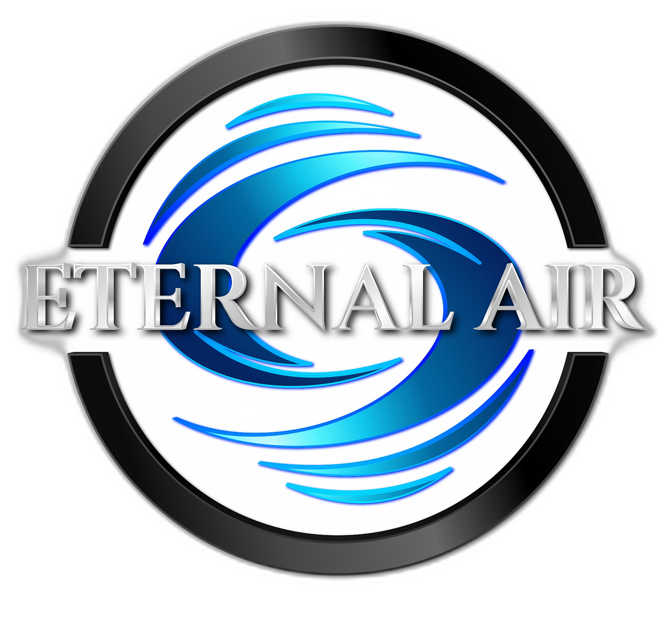 A circular logo with blue swirl designs evokes airflow, featuring the text "ETERNAL AIR" in metallic letters across the center—perfect for an ac repair brand.